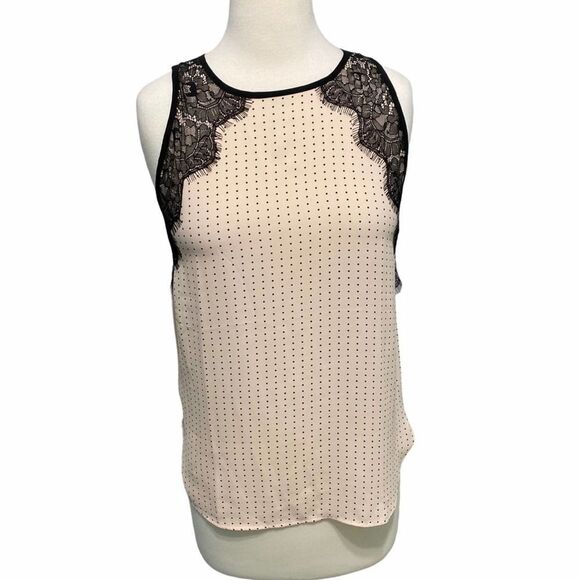Loft Blouse Polka Dot Sleeveless Lace Top Keyhole‎ Button Back Pink Black XS - Picture 1 of 11